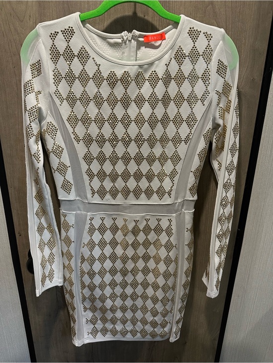 Banjul Dresses & Skirts - Banjul White Gold Rhinestone Bodycon Mini Dress Size L